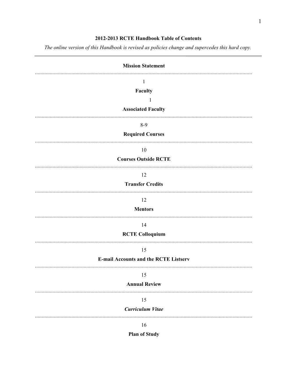 2012-2013 RCTE Handbook Table of Contents