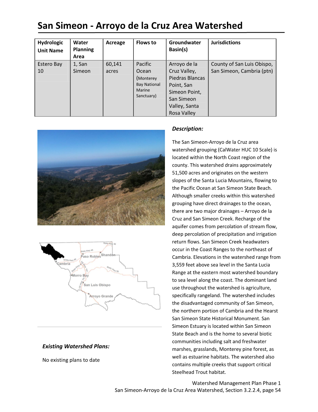 San Simeon - Arroyo De La Cruz Area Watershed