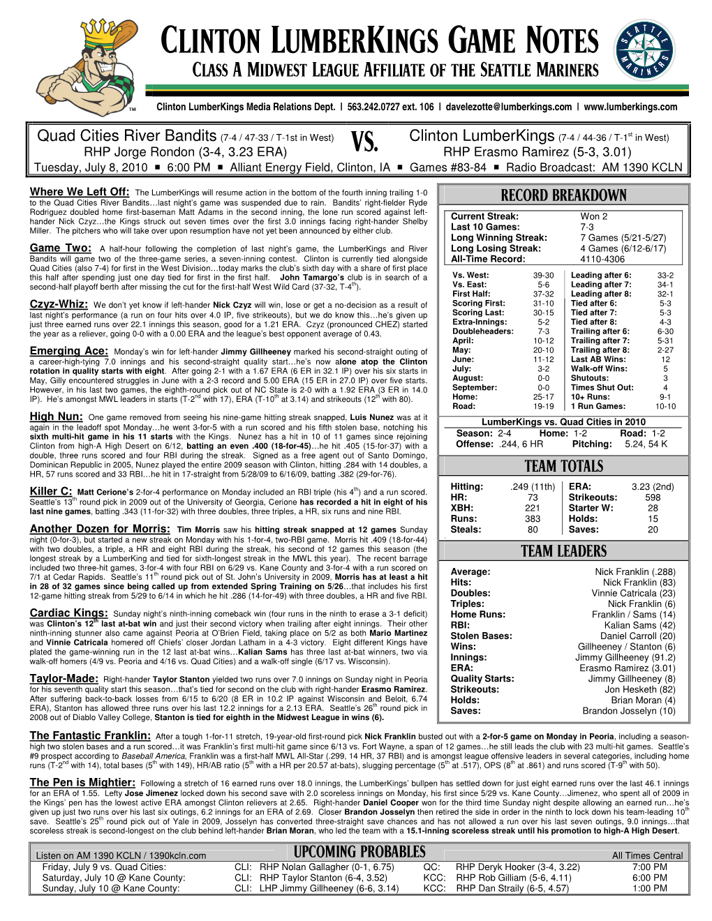 Clinton Lumberkings Game Notes Class a Midwest League Affiliate of the Seattle Mariners