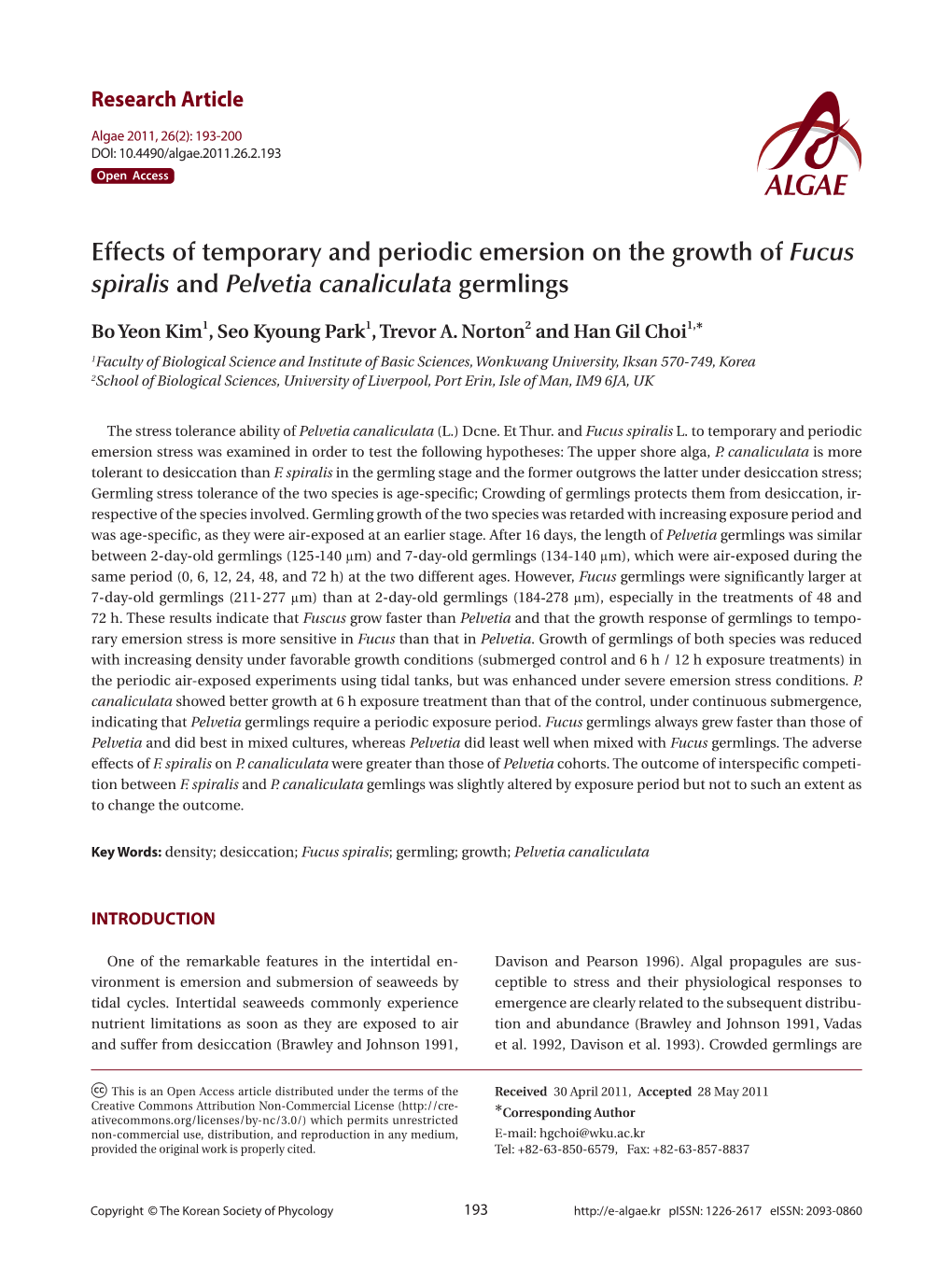 Effects of Temporary and Periodic Emersion on the Growth of Fucus Spiralis and Pelvetia Canaliculata Germlings