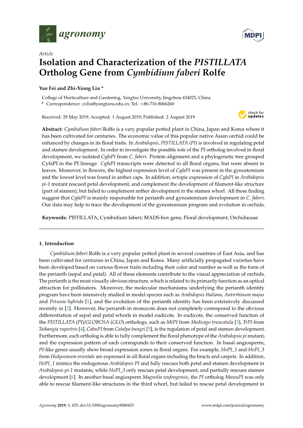 Isolation and Characterization of the PISTILLATA Ortholog Gene from Cymbidium Faberi Rolfe