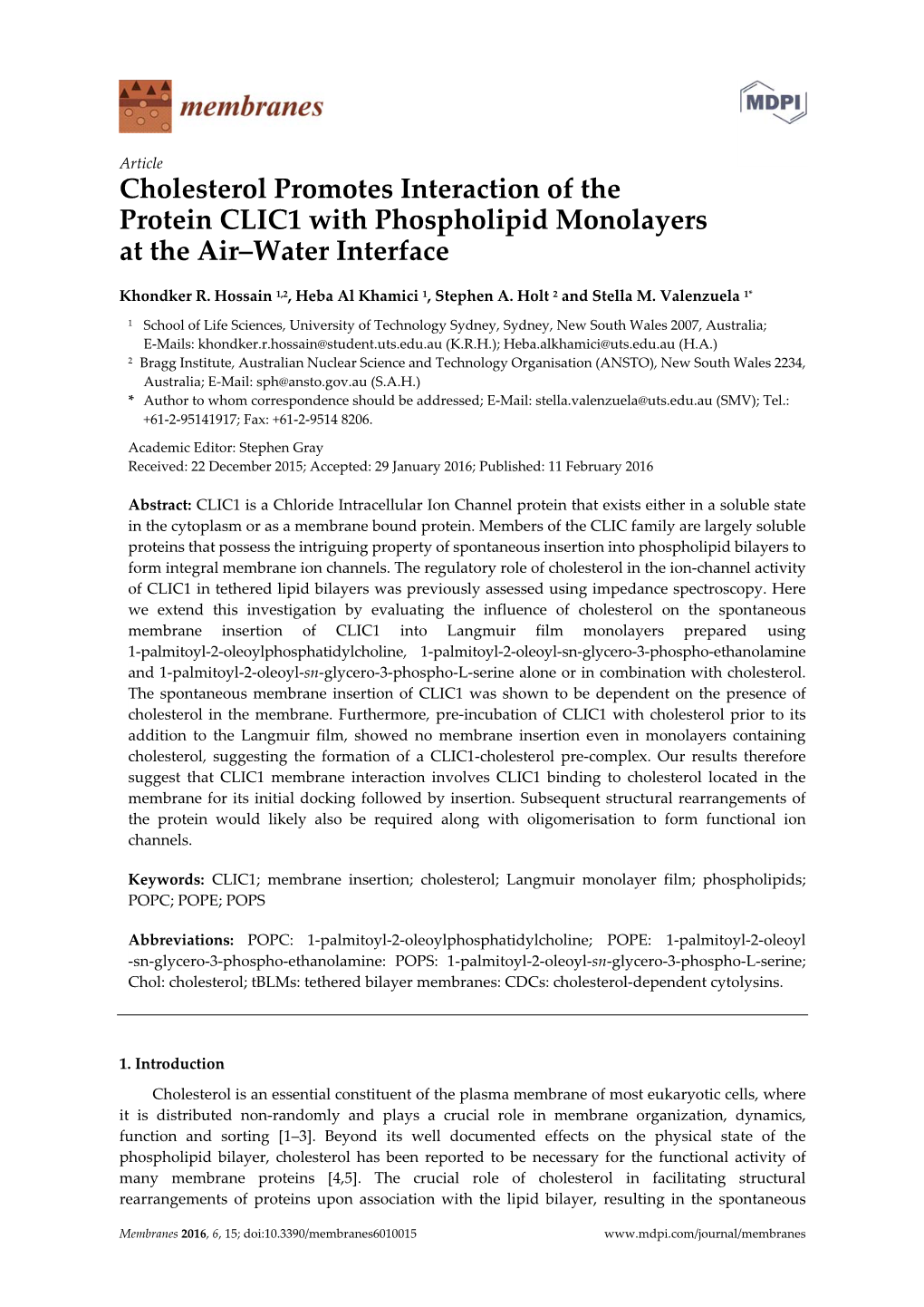 Cholesterol Promotes Interaction of the Protein CLIC1 with Phospholipid Monolayers at the Air–Water Interface