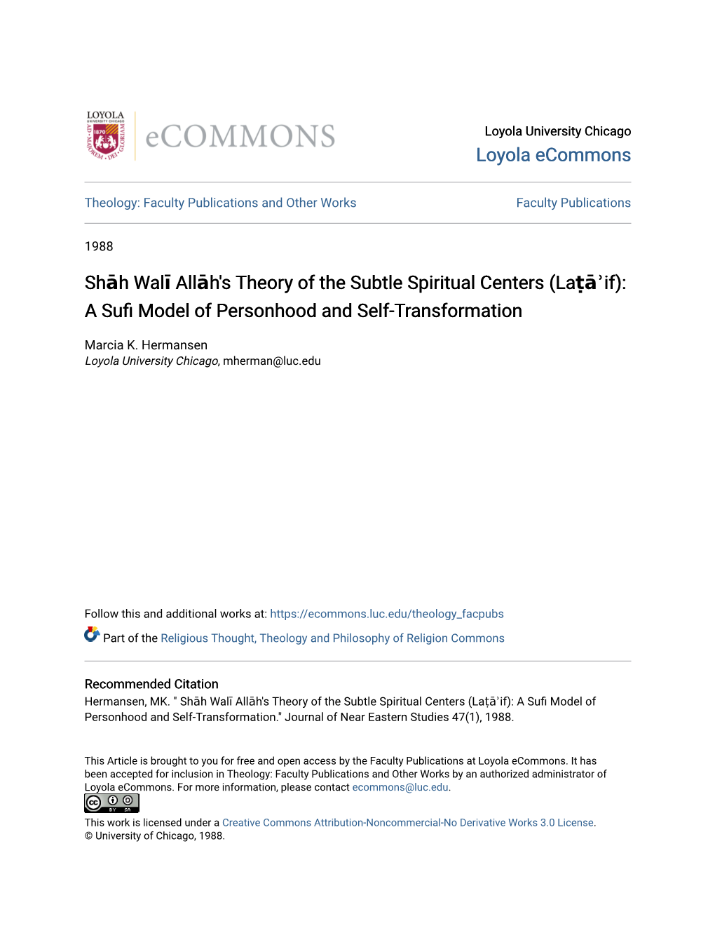 Shāh Walī Allāh's Theory of the Subtle Spiritual Centers (Laṭāʾif): a Sufi Model of Ersonhoodp and Self-Transformation