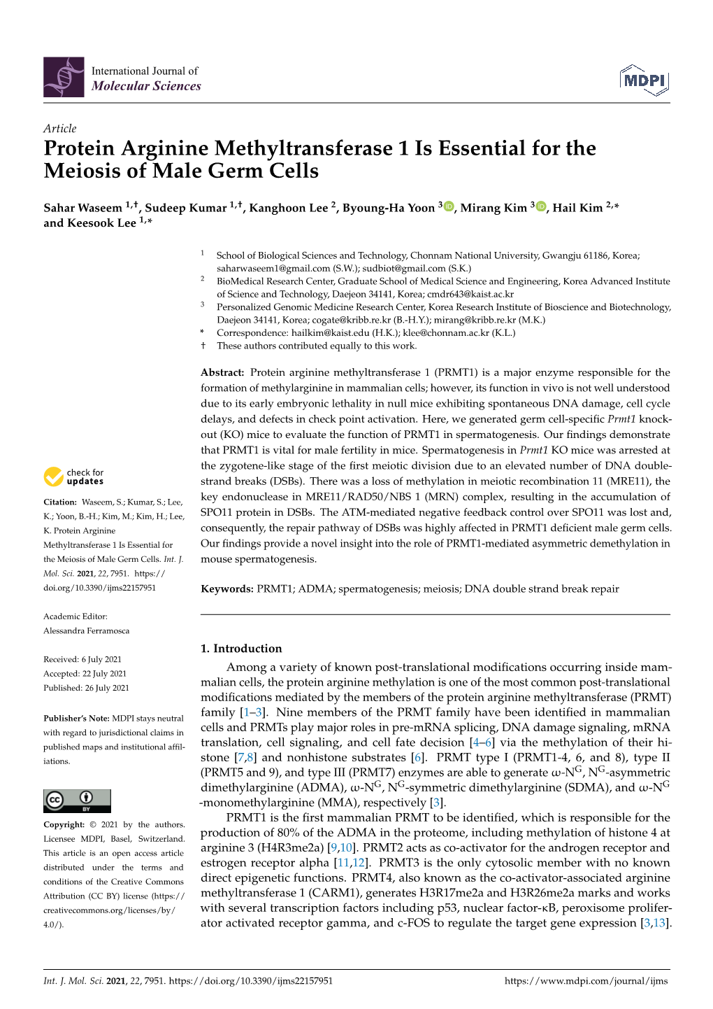 Protein Arginine Methyltransferase 1 Is Essential for the Meiosis of Male Germ Cells