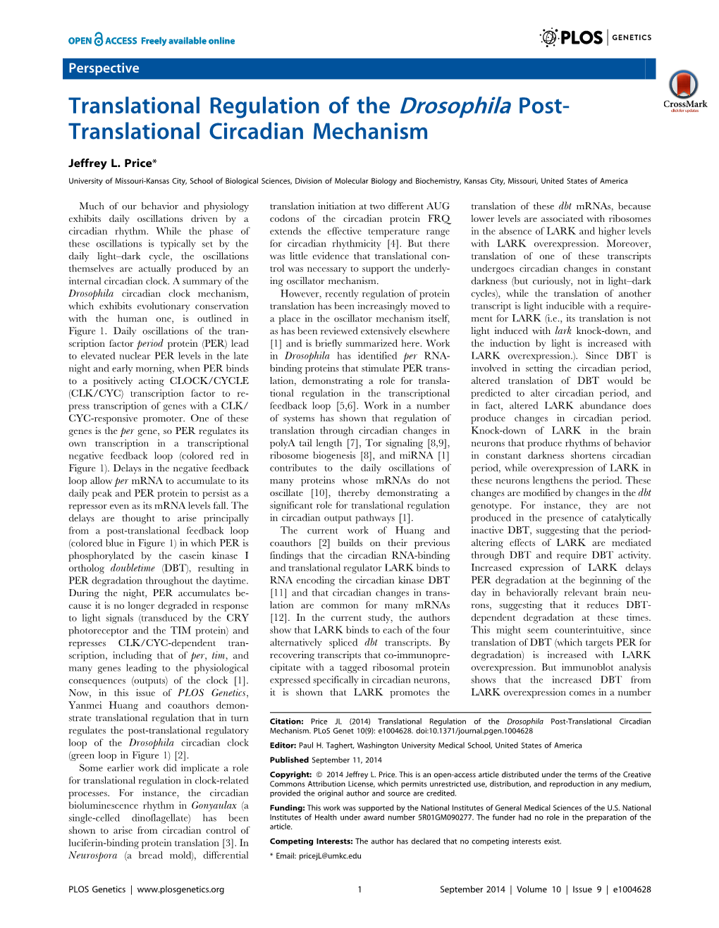 Translational Regulation of the Drosophila Post-Translational Circadian Regulates the Post-Translational Regulatory Mechanism