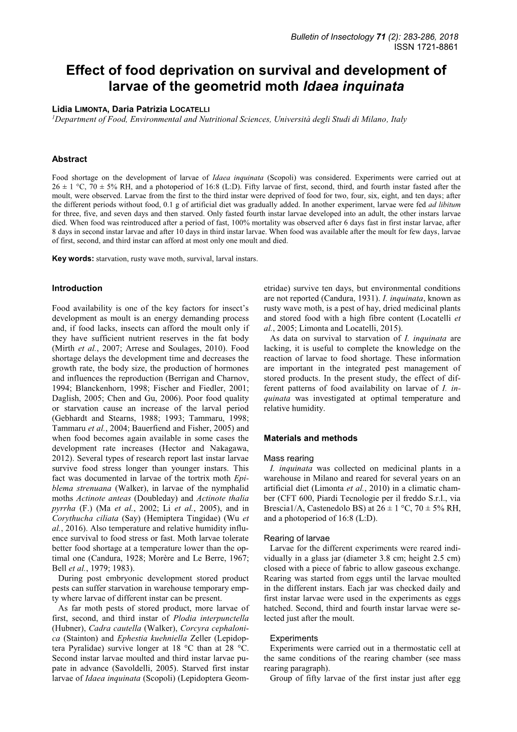 Effect of Food Deprivation on Survival and Development of Larvae of the Geometrid Moth Idaea Inquinata