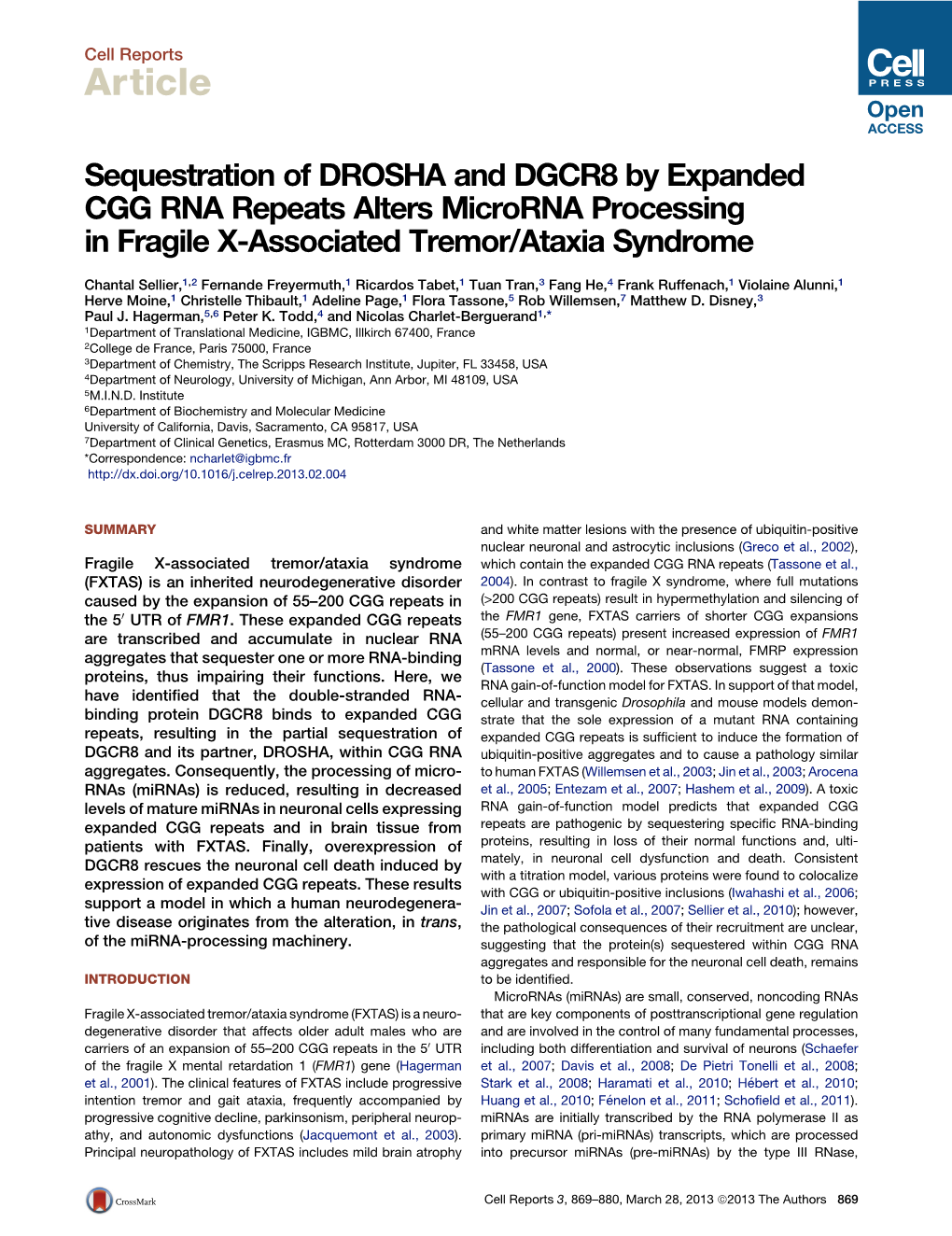 Sequestration of DROSHA and DGCR8 by Expanded CGG RNA Repeats Alters Microrna Processing in Fragile X-Associated Tremor/Ataxia Syndrome