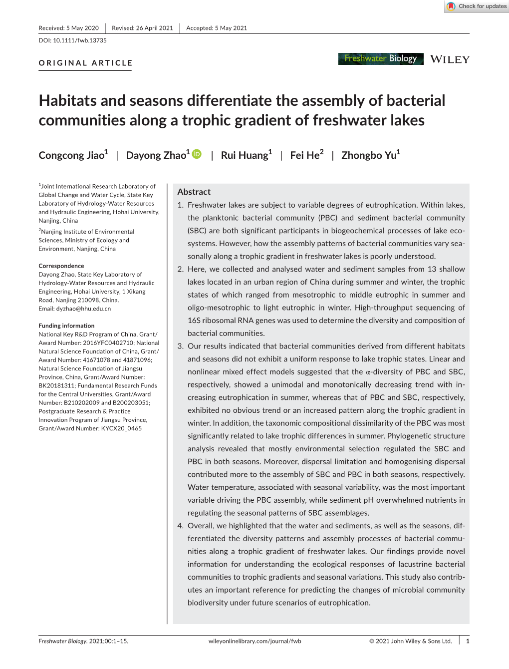 Habitats and Seasons Differentiate the Assembly of Bacterial Communities Along a Trophic Gradient of Freshwater Lakes