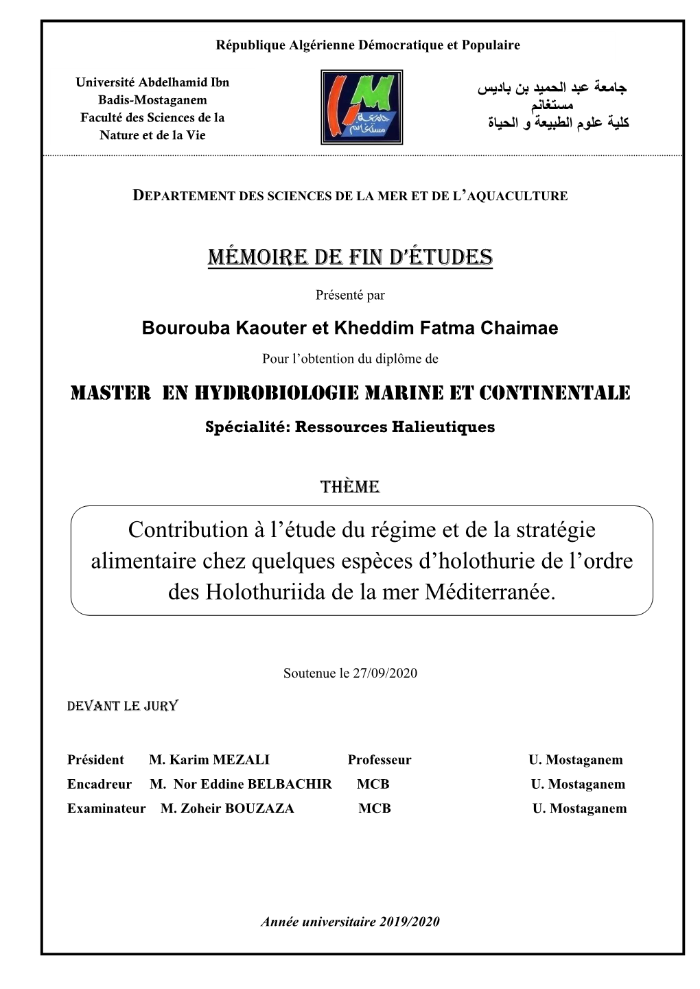 Mémoire De Fin D'études Contribution À L'étude Du Régime Et De La