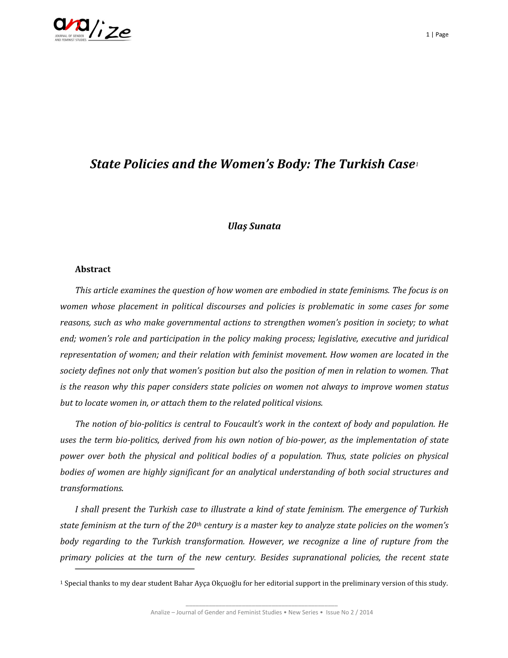 State Policies and the Women's Body: the Turkish Case1