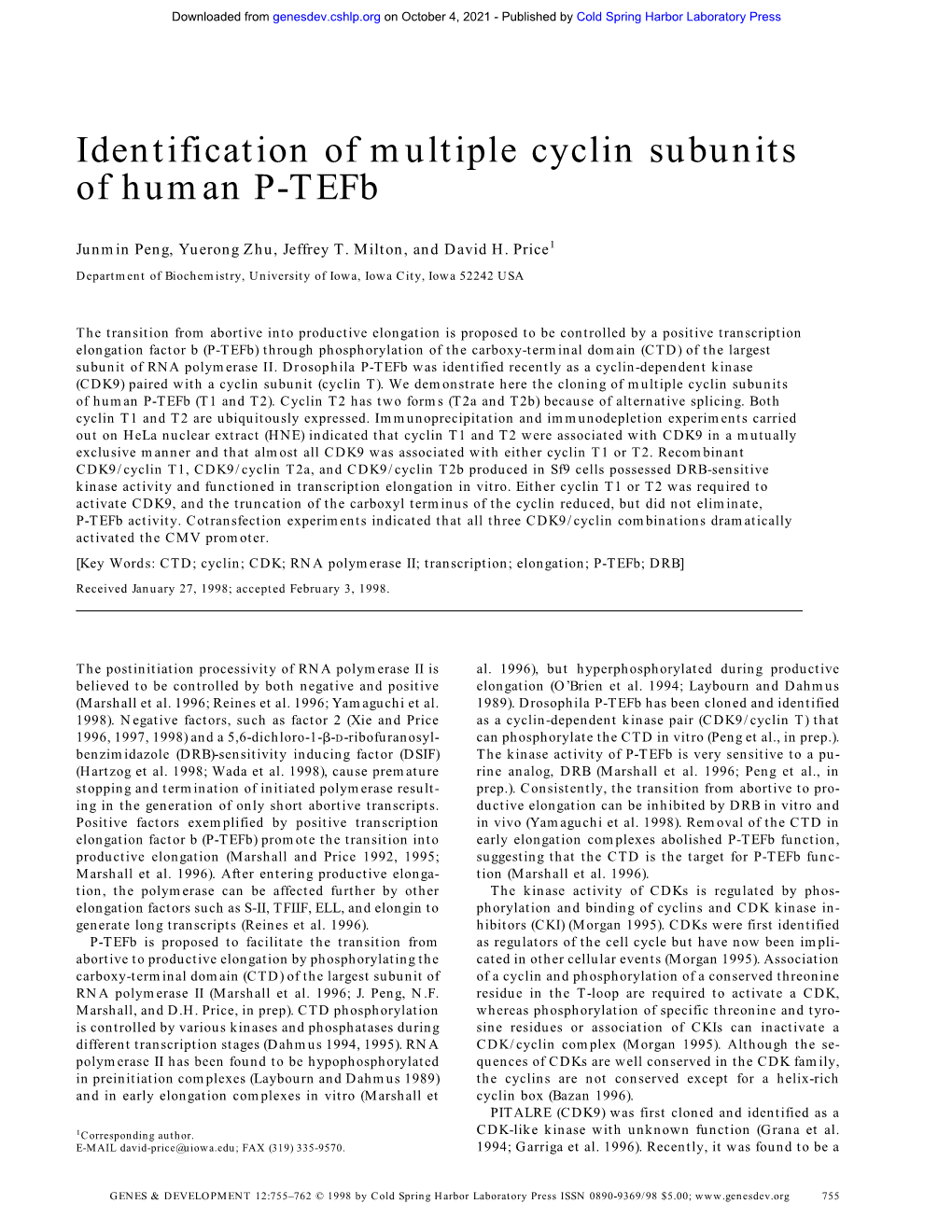 Identification of Multiple Cyclin Subunits of Human P-Tefb