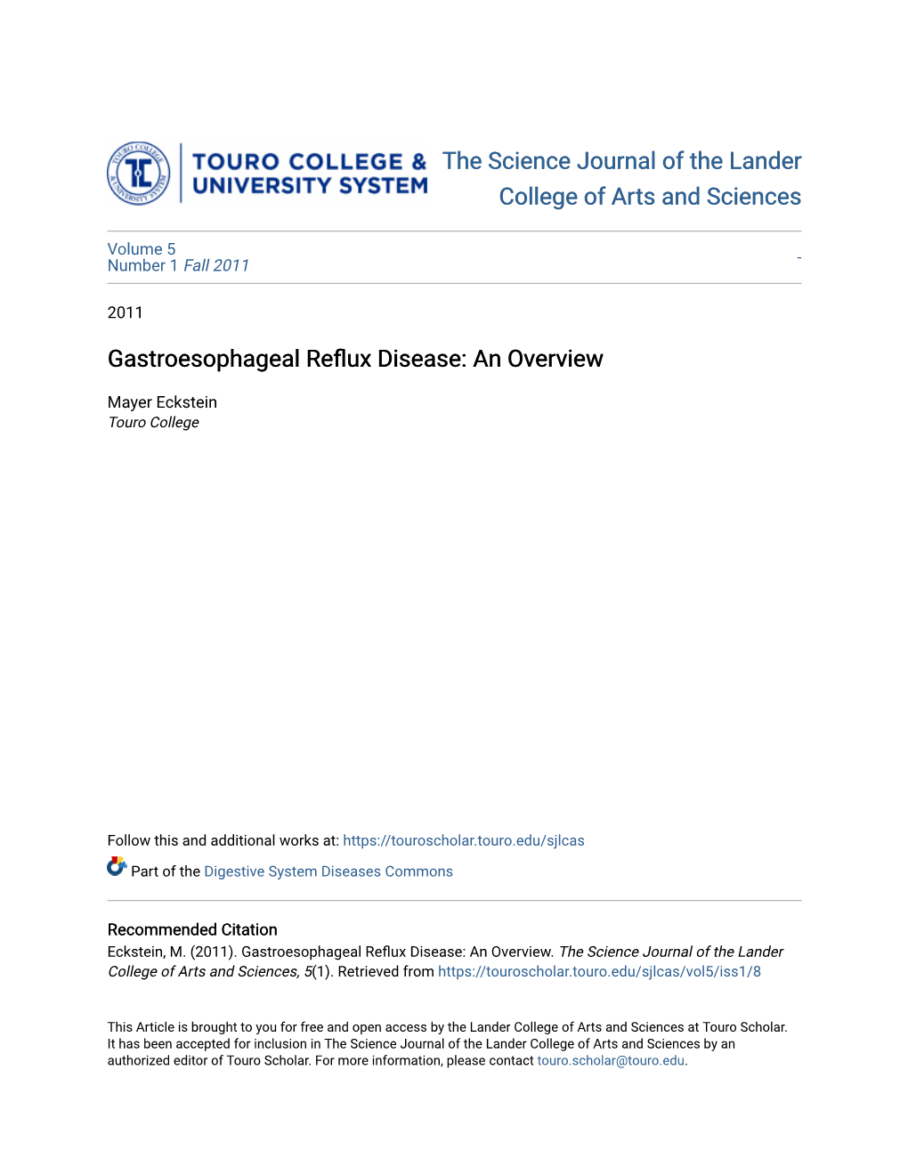 Gastroesophageal Reflux Disease: an Overview