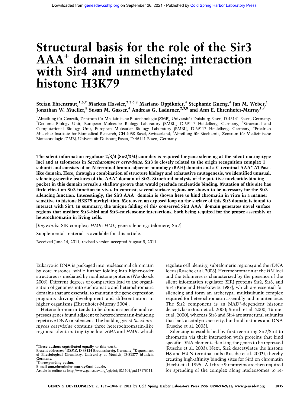 Interaction with Sir4 and Unmethylated Histone H3K79