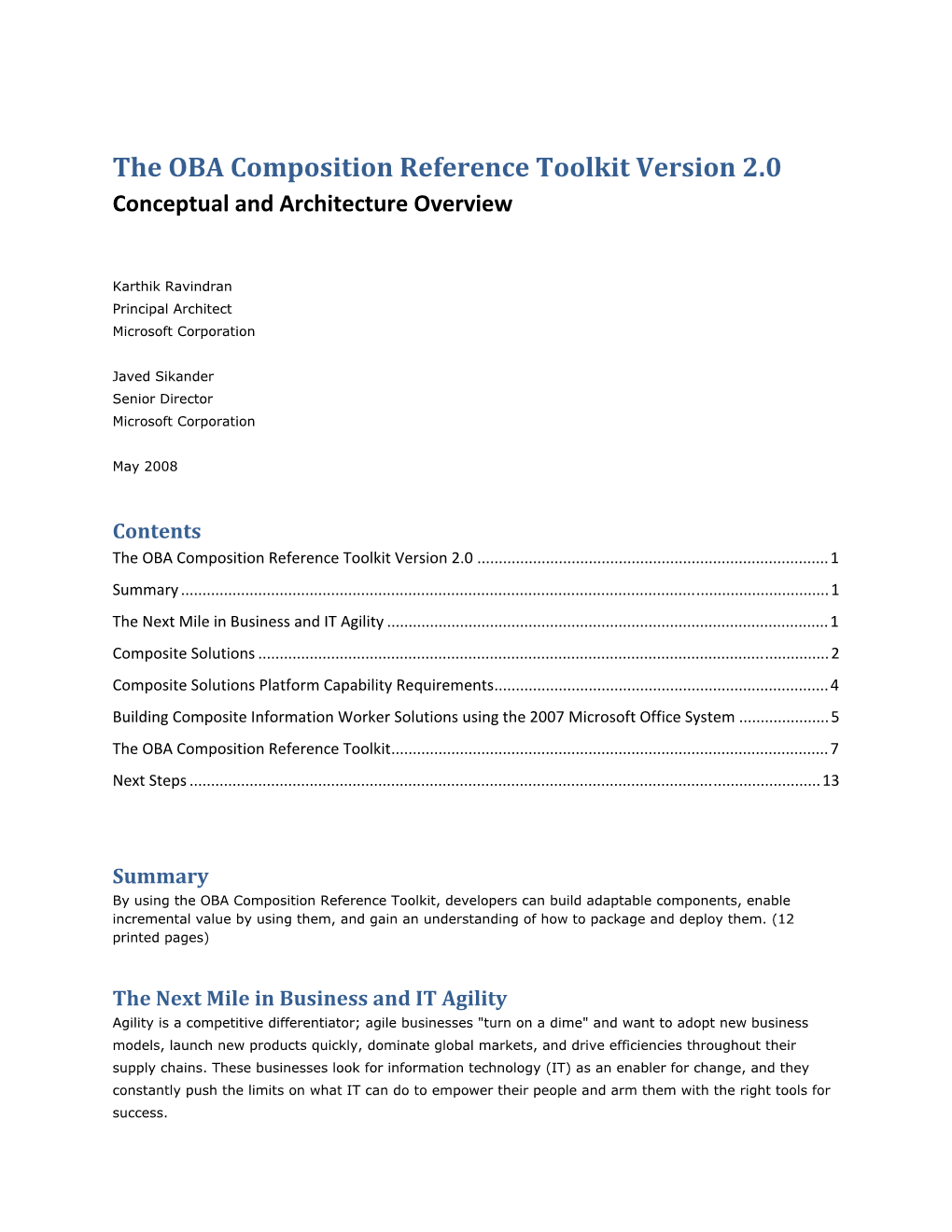 The OBA Composition Reference Toolkit Version 2.0 Conceptual and Architecture Overview