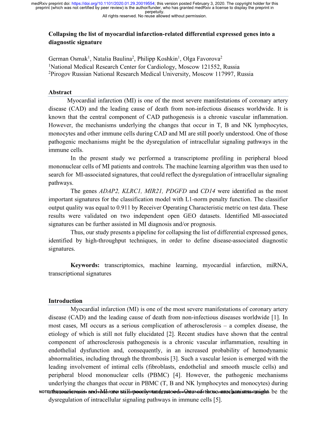 Collapsing the List of Myocardial Infarction-Related Differential Expressed Genes Into a Diagnostic Signature German Osmak1