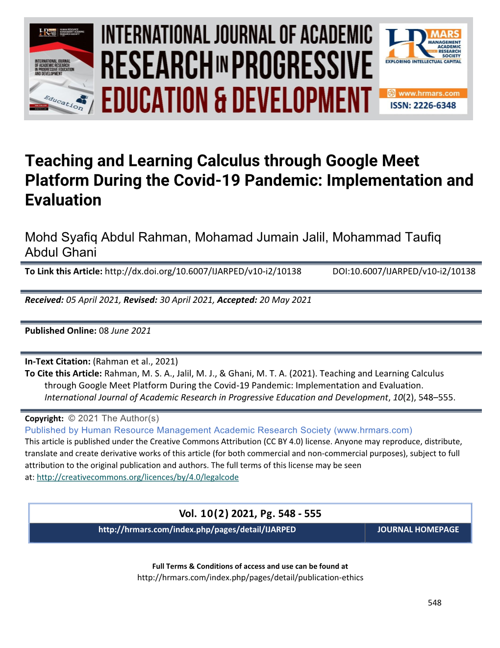 Teaching and Learning Calculus Through Google Meet Platform During the Covid-19 Pandemic: Implementation and Evaluation