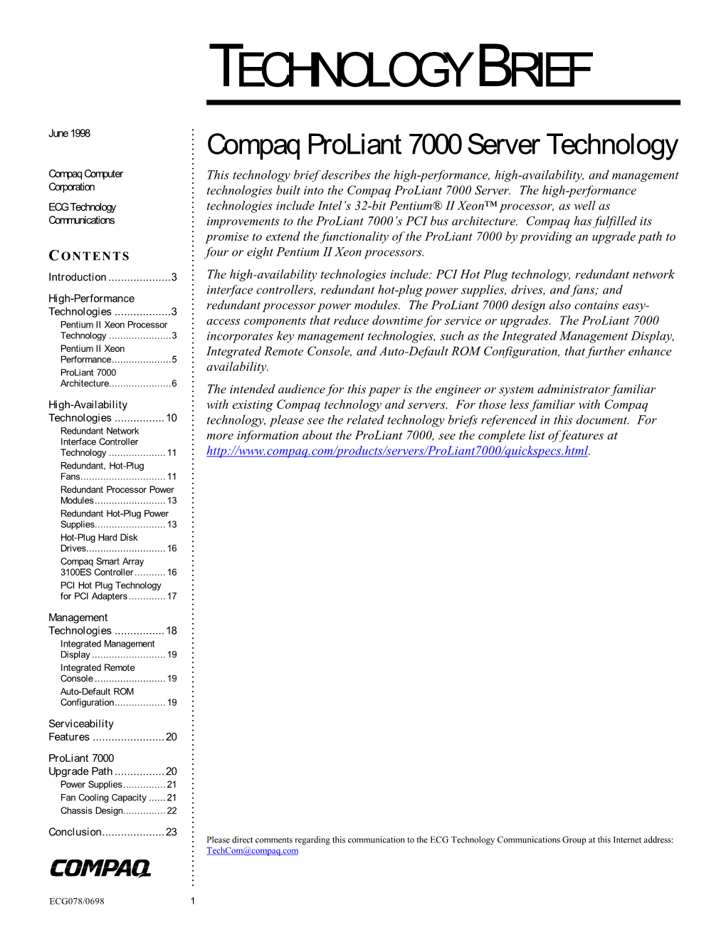 Compaq Proliant 7000 Server Technology