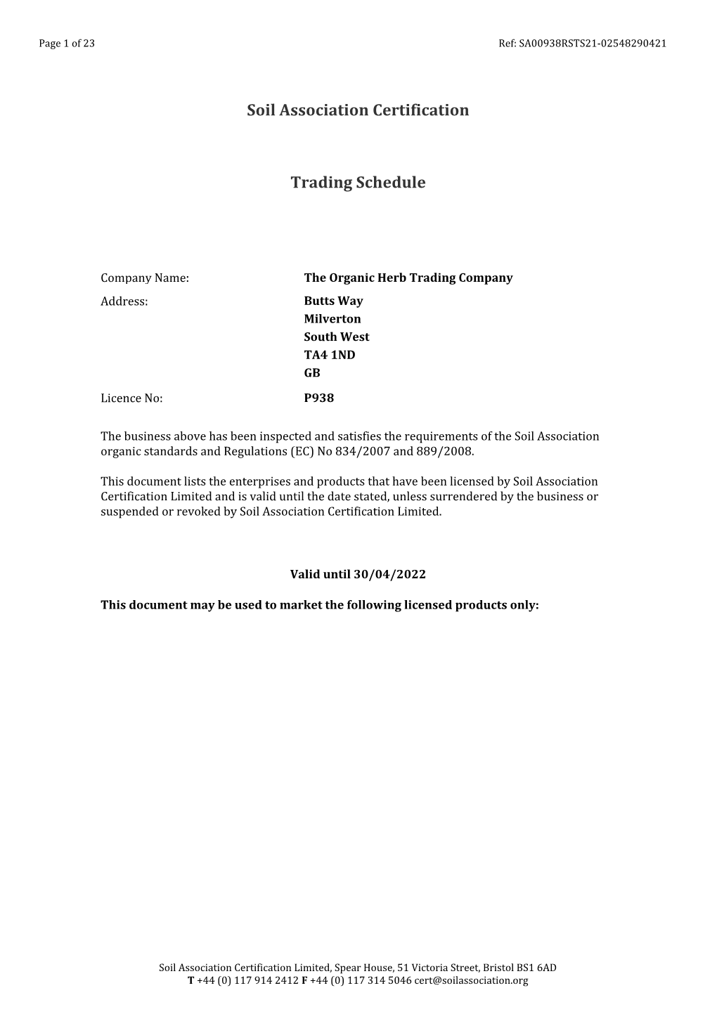 Soil Association Organic Trading Schedule