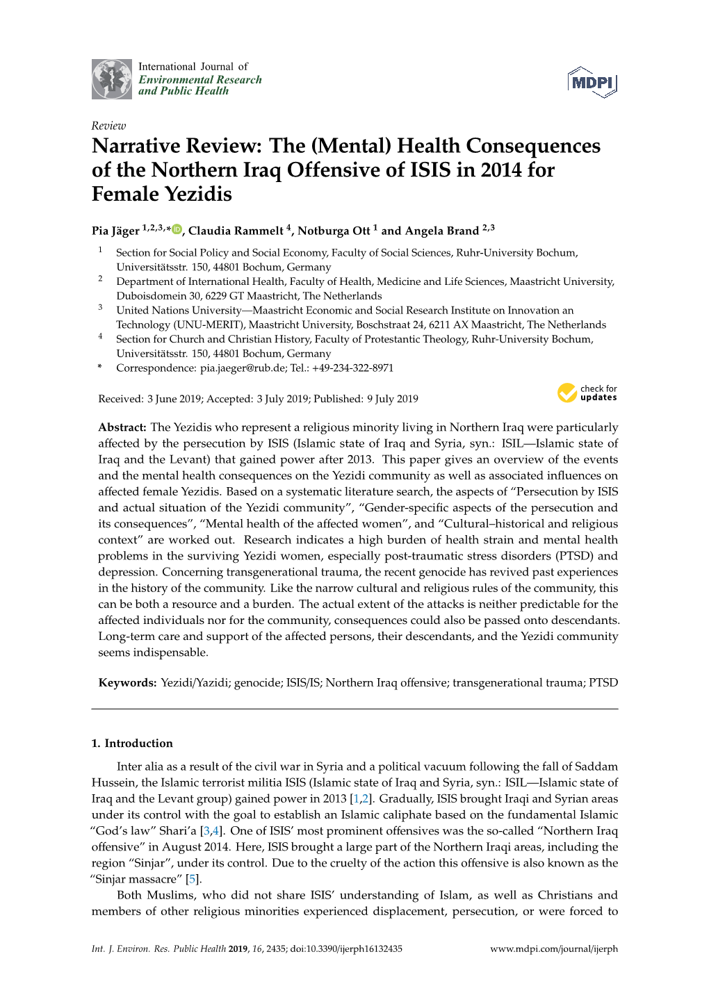 Health Consequences of the Northern Iraq Offensive of ISIS in 2014 for Female Yezidis