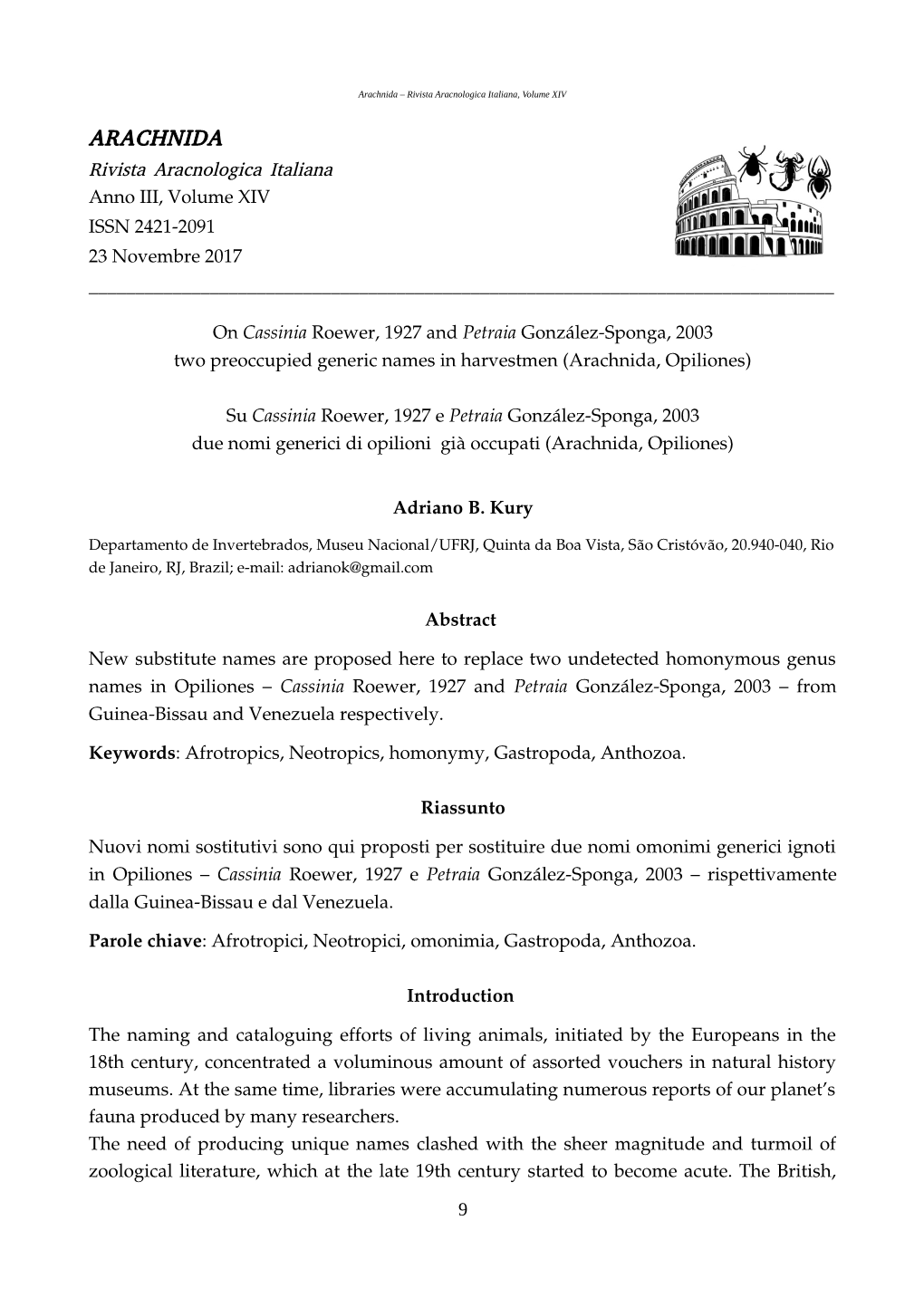 Arachnida – Rivista Aracnologica Italiana, Volume XIV