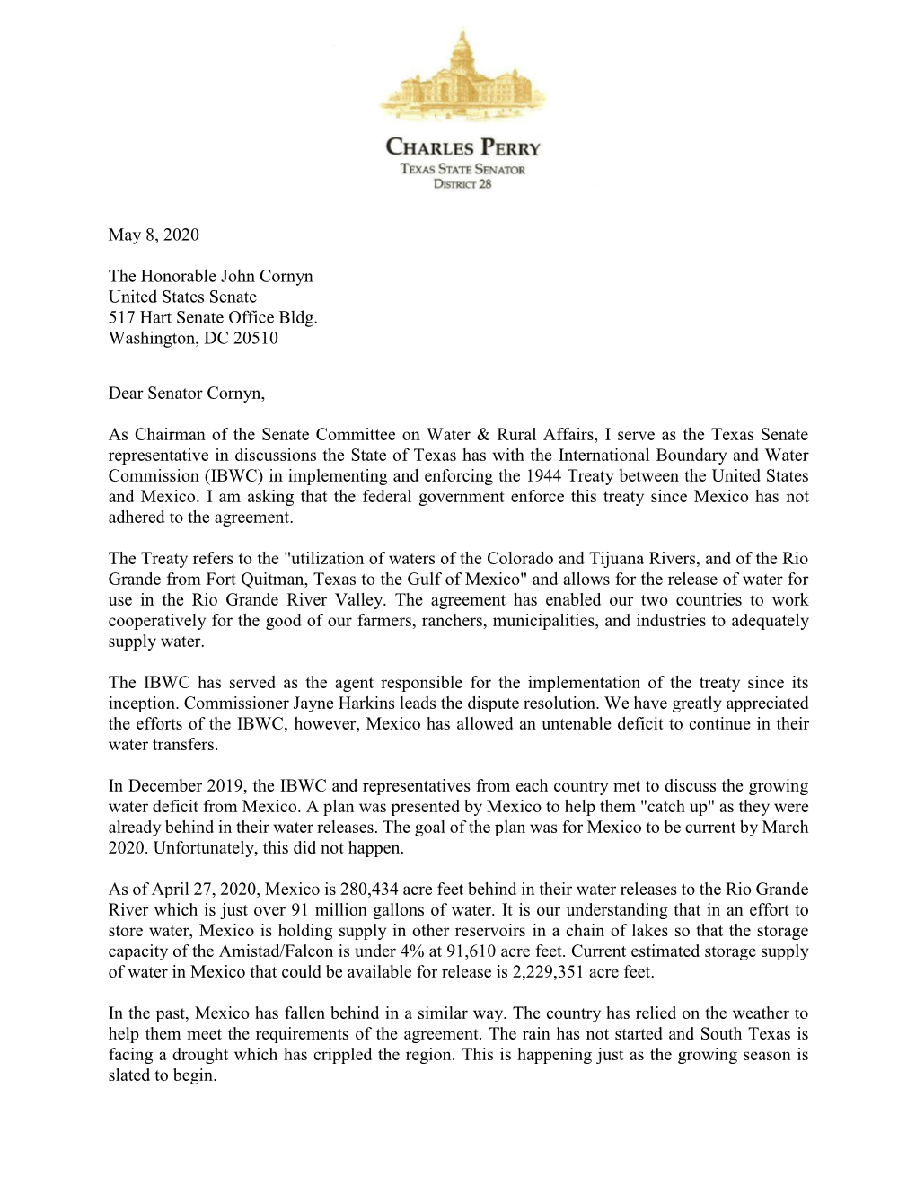 May 8, 2020 Letter from Texas Senator Perry to United States