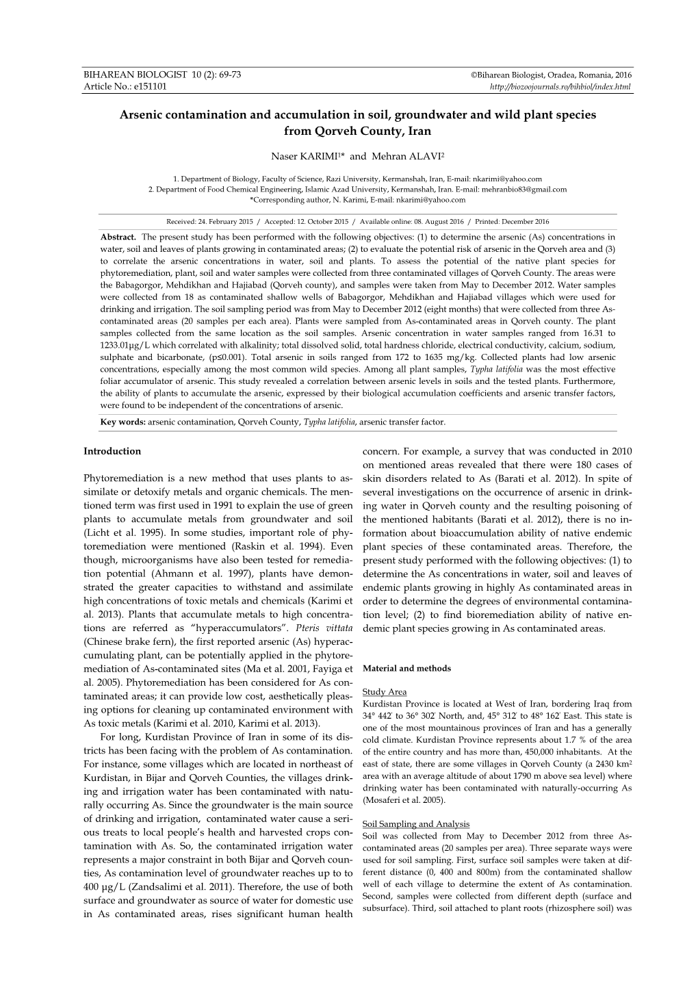 Arsenic Contamination and Accumulation in Soil, Groundwater and Wild Plant Species from Qorveh County, Iran