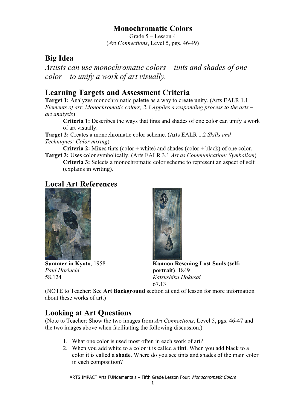Monochromatic Colors Grade 5 – Lesson 4 (Art Connections, Level 5, Pgs