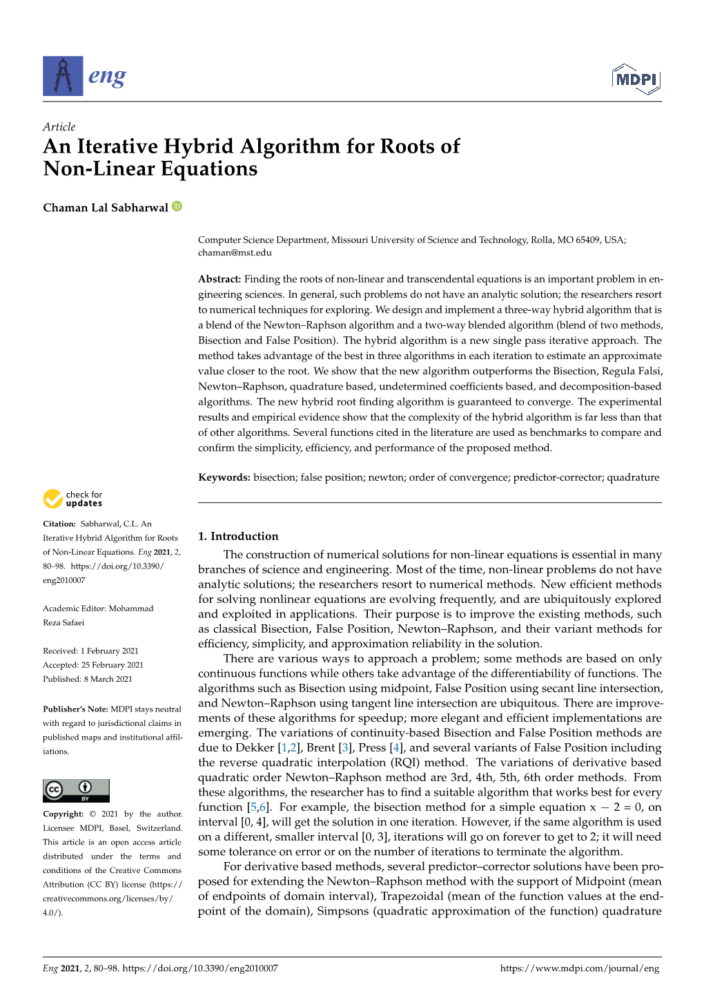 An Iterative Hybrid Algorithm for Roots of Non-Linear Equations