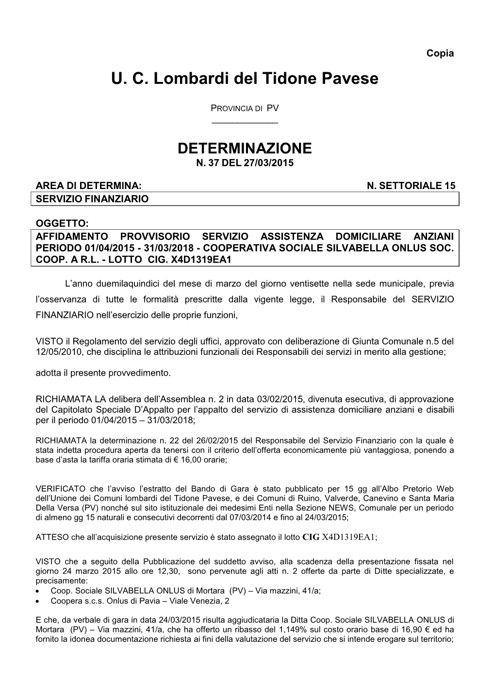 Determina 37-2015 Affidamento Servizio Silvabella