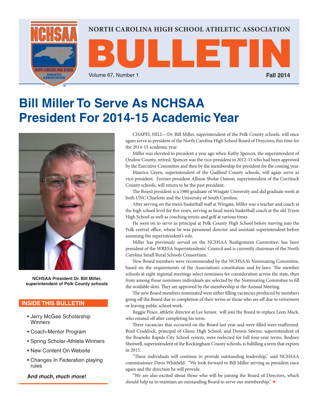 Bill Miller to Serve As NCHSAA President for 2014-15 Academic Year