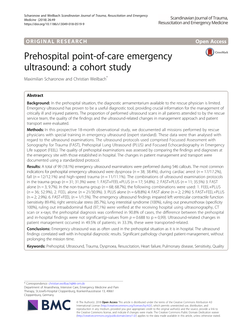 Prehospital Point-Of-Care Emergency Ultrasound: a Cohort Study Maximilian Scharonow and Christian Weilbach*