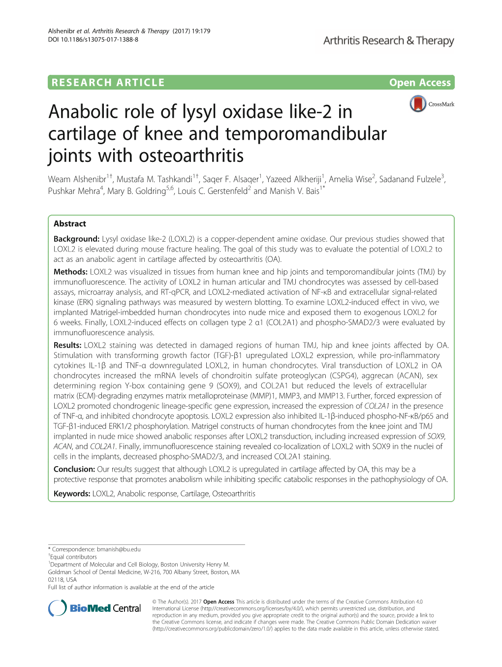 Anabolic Role of Lysyl Oxidase Like-2 in Cartilage of Knee and Temporomandibular Joints with Osteoarthritis Weam Alshenibr1†, Mustafa M