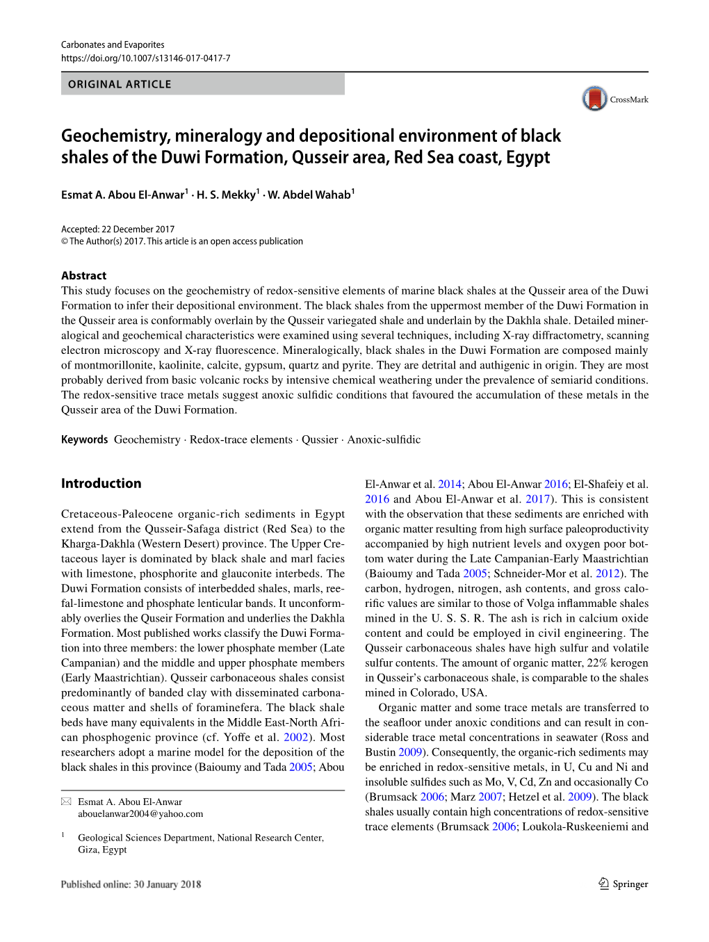 Geochemistry, Mineralogy and Depositional Environment of Black Shales of the Duwi Formation, Qusseir Area, Red Sea Coast, Egypt