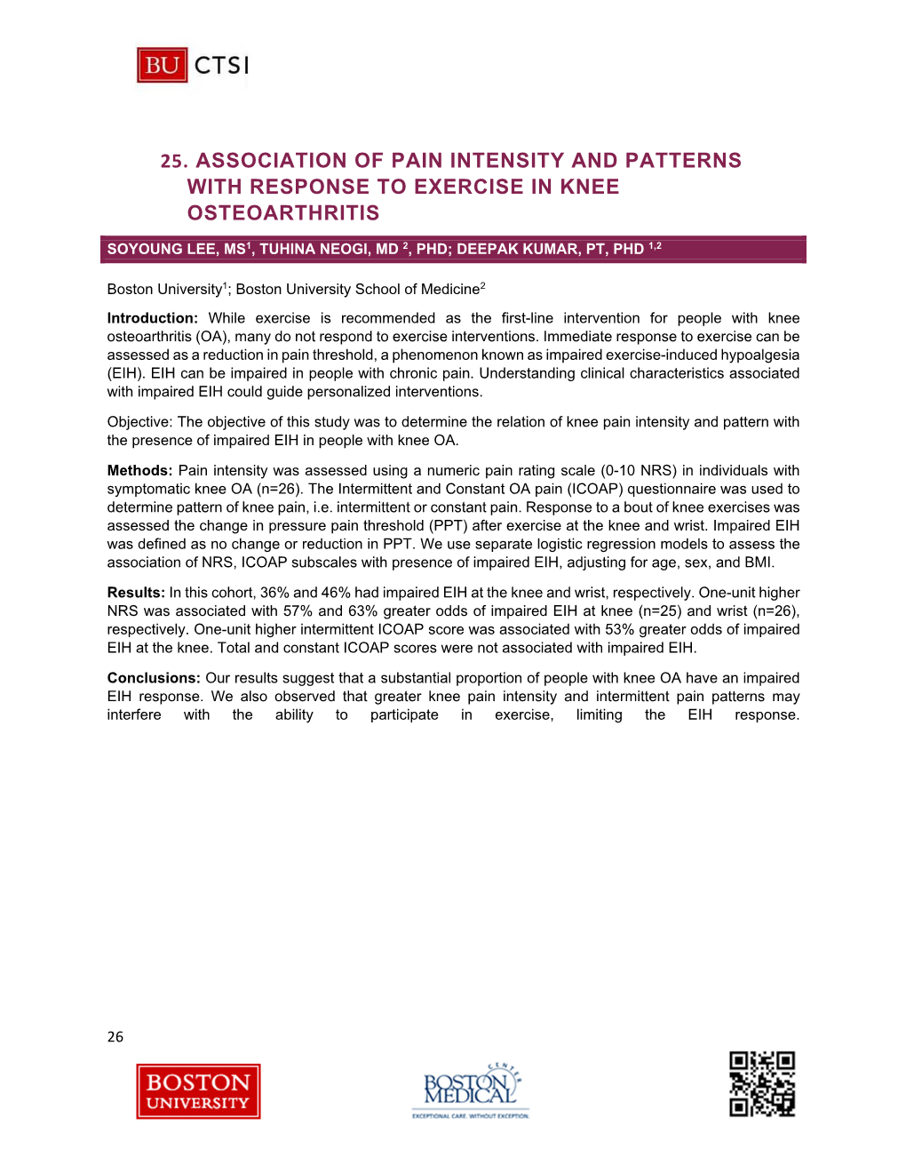 25. Association of Pain Intensity and Patterns with Response to Exercise in Knee Osteoarthritis