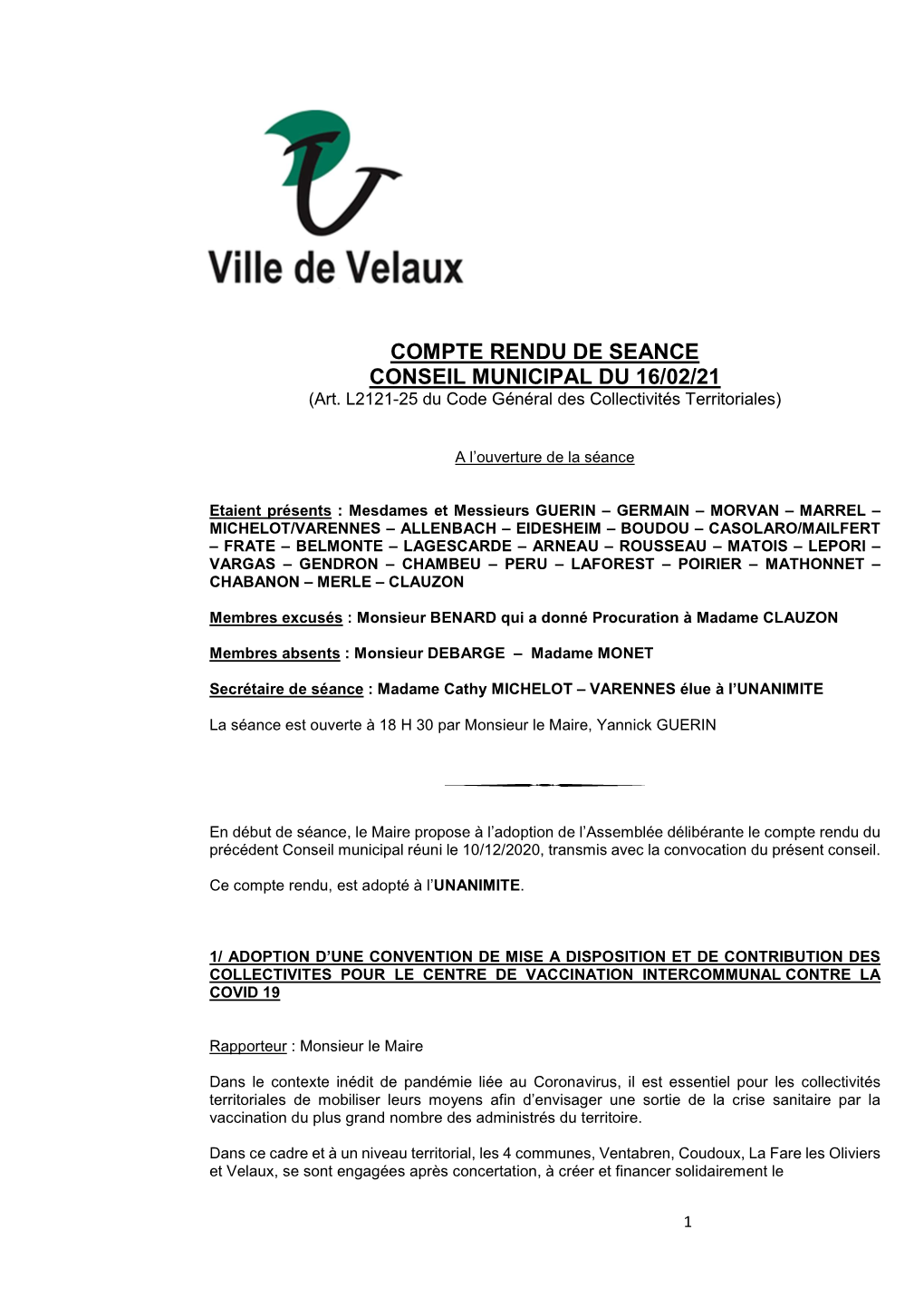 COMPTE RENDU DE SEANCE CONSEIL MUNICIPAL DU 16/02/21 (Art