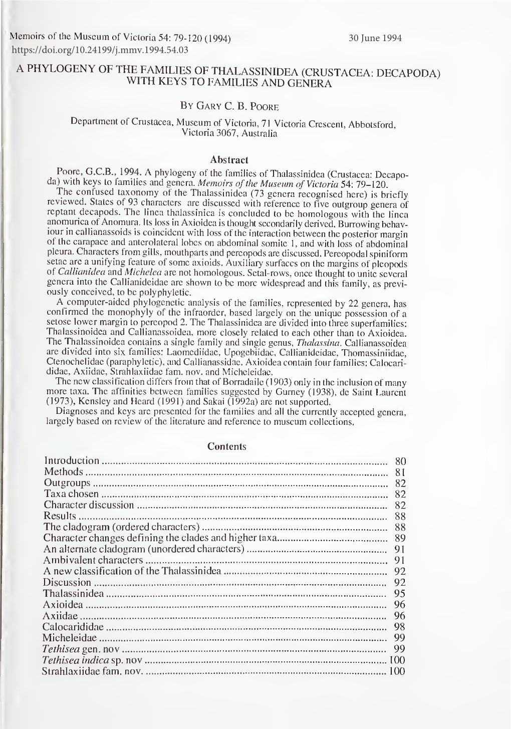 A Phylogeny of the Families of Thalassinidea (Crustacea: Decapoda) with Keys to Families and Genera