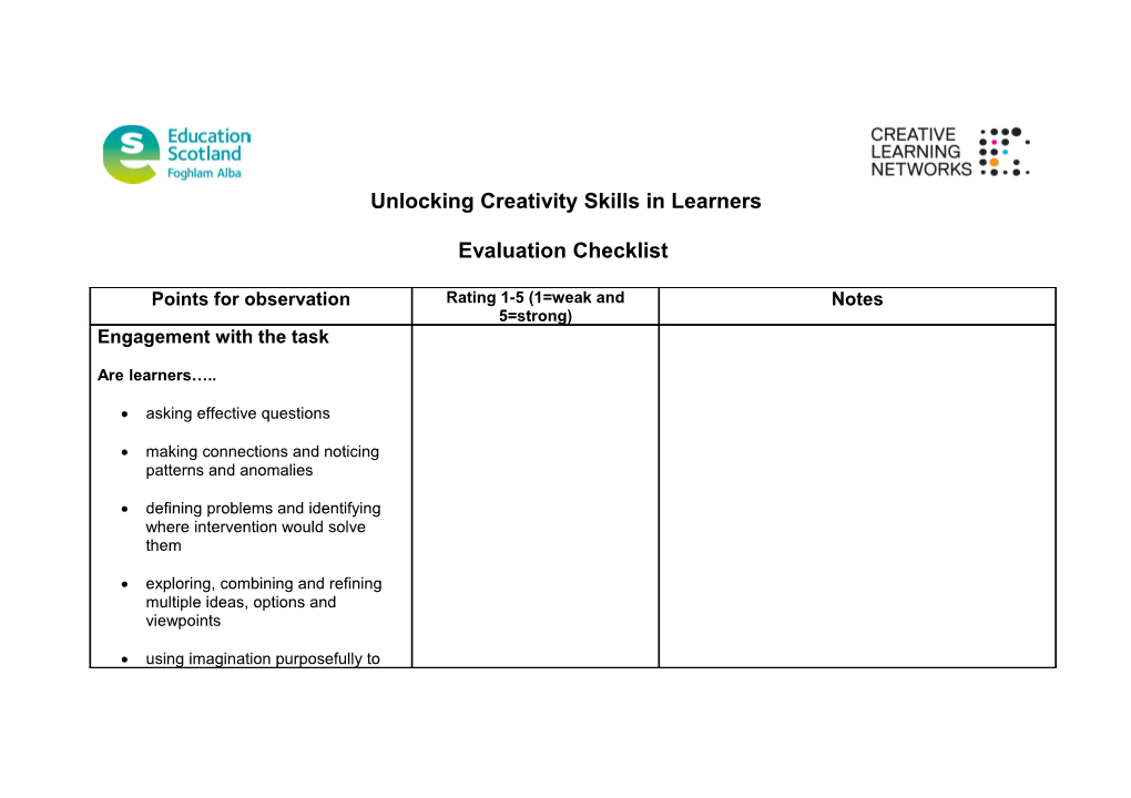 Unlocking Creativity Skills in Learners - Evaluation Checklist