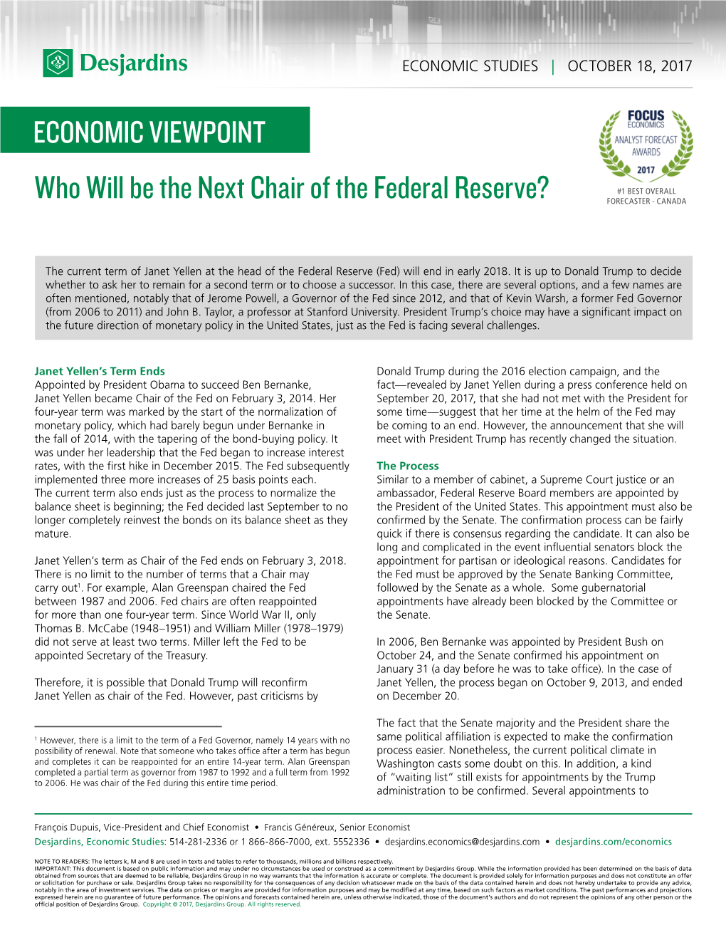 Who Will Be the Next Chair of the Federal Reserve? #1 BEST OVERALL FORECASTER - CANADA