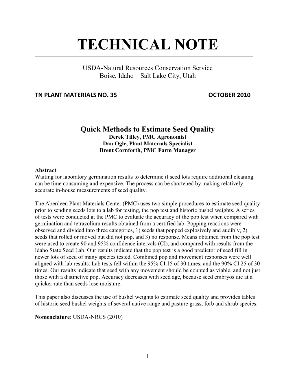 Idaho Plant Materials Technical Note No. 35, Quick Method to Estimate