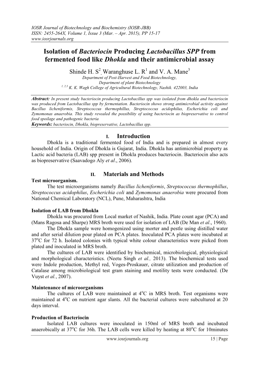 Isolation of Bacteriocin Producing Lactobacillus SPP from Fermented Food Like Dhokla and Their Antimicrobial Assay