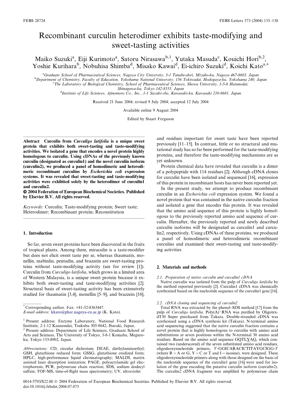 Recombinant Curculin Heterodimer Exhibits Taste-Modifying and Sweet-Tasting Activities