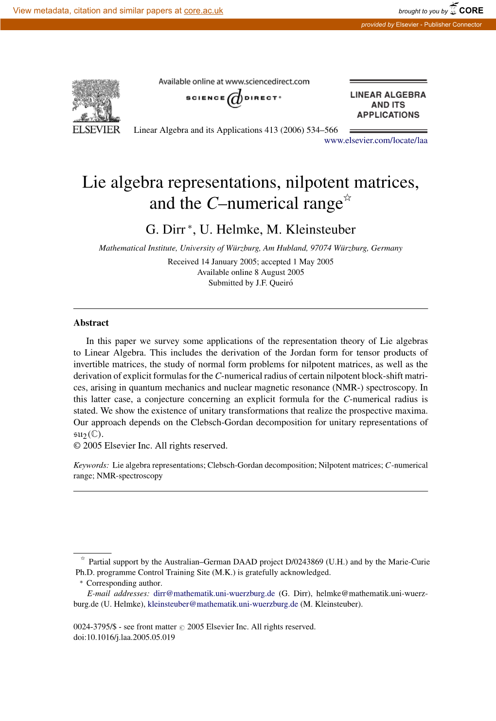 Lie Algebra Representations, Nilpotent Matrices, and the C–Numerical Rangeୋ G