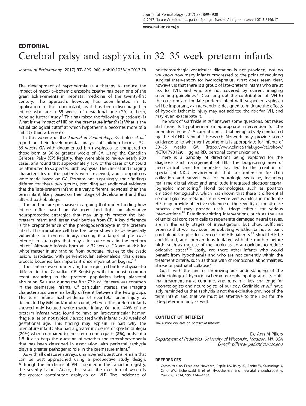 Cerebral Palsy and Asphyxia in 32–35 Week Preterm Infants