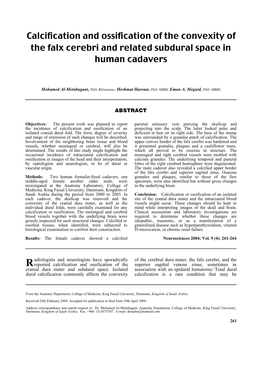 Calcification and Ossification of the Convexity of the Falx Cerebri and Related Subdural Space in Human Cadavers