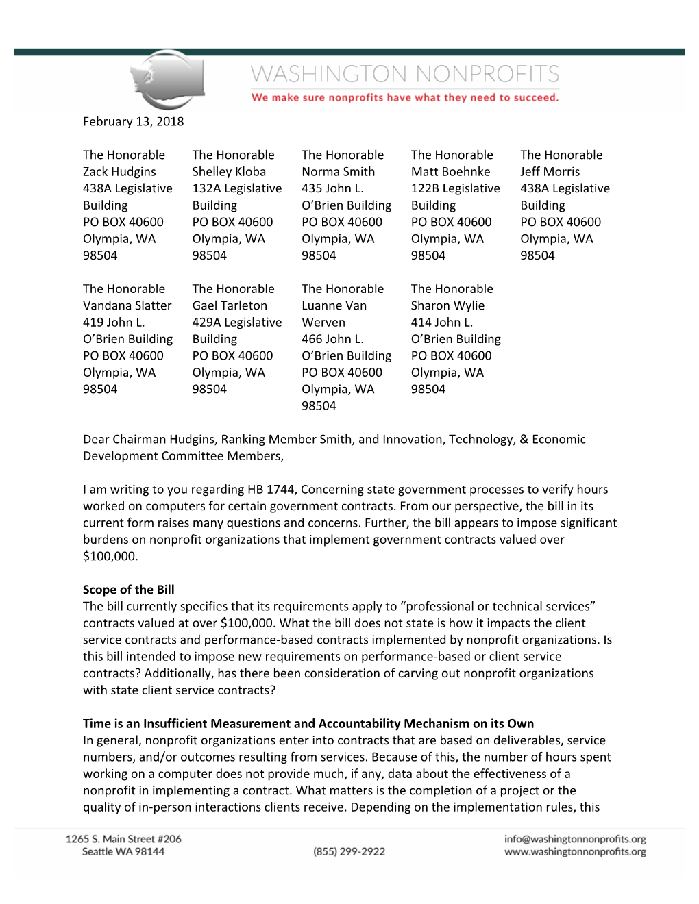 February 13, 2018 the Honorable Zack Hudgins 438A Legislative