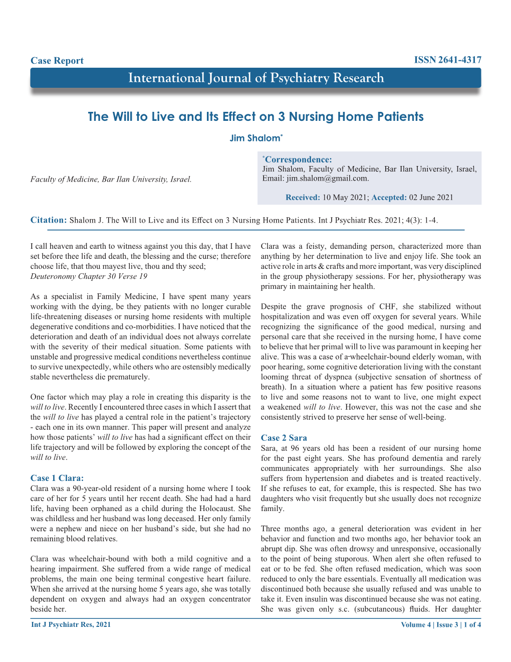 The Will to Live and Its Effect on 3 Nursing Home Patients