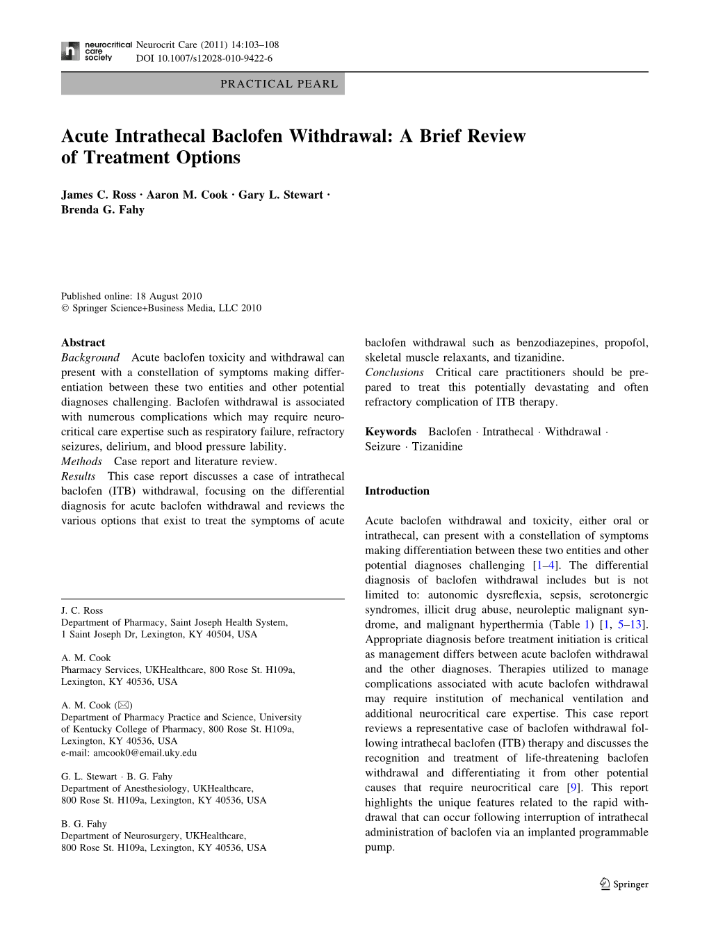 Acute Intrathecal Baclofen Withdrawal: a Brief Review of Treatment Options