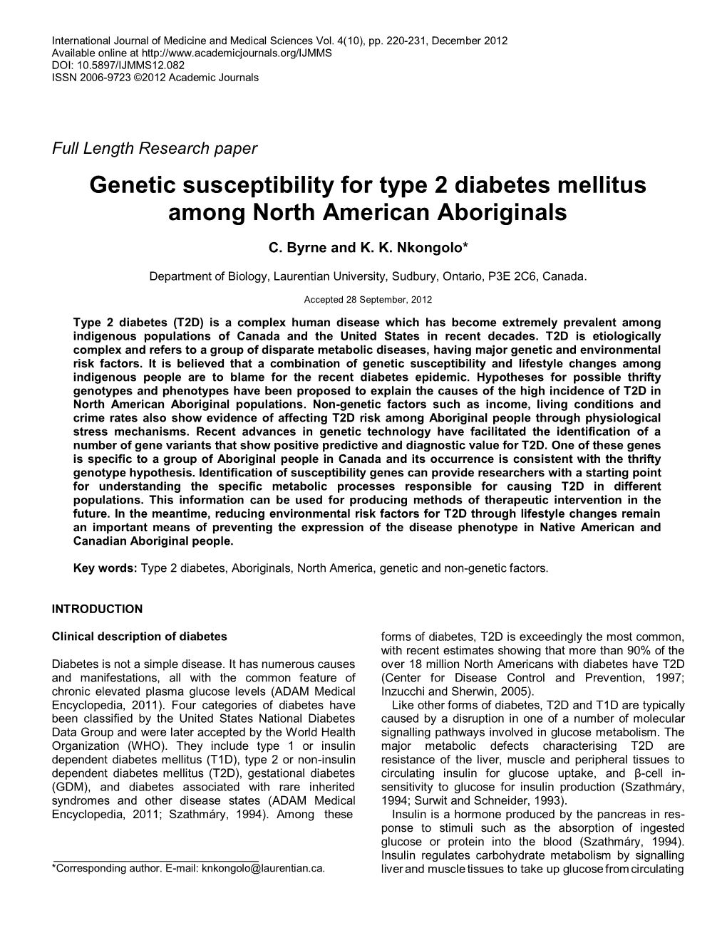 Genetic Susceptibility for Type 2 Diabetes Mellitus Among North American Aboriginals