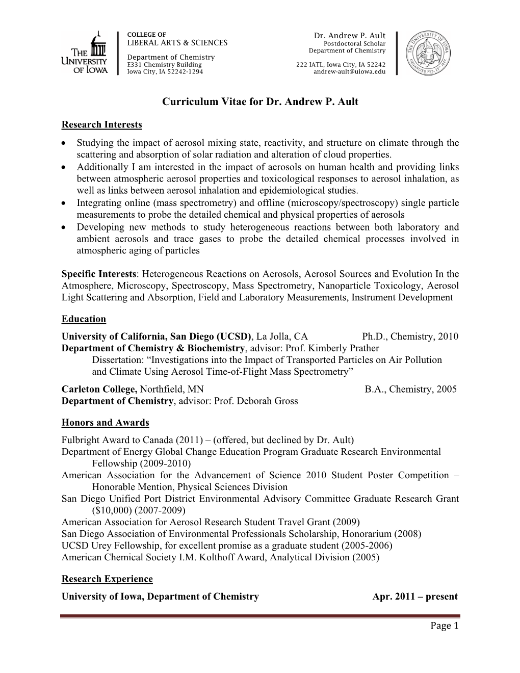 Curriculum Vitae for Dr. Andrew P. Ault