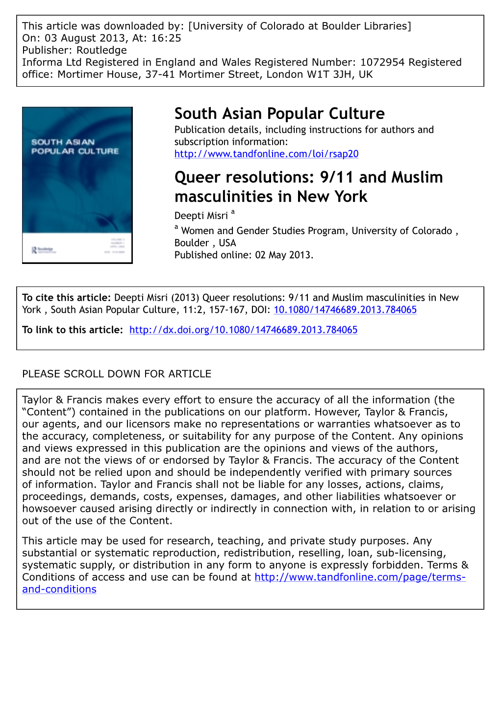 South Asian Popular Culture Queer Resolutions: 9/11 and Muslim Masculinities in New York